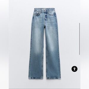 Zara HIGH-WAISTED FULL LENGTH Z1975 STRAIGHT LEG JEANS in mid blue